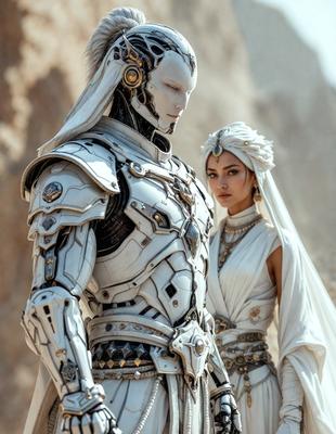 The primary subject of the image is a man wearing a white suit and a woman wearing a white dress. They are standing next to each other, possibly in a desert setting. The visual style of the image is a combination of photo and digital art, creating a unique and intriguing atmosphere. The colors in the image are predominantly white, which adds to the overall mood of the scene.